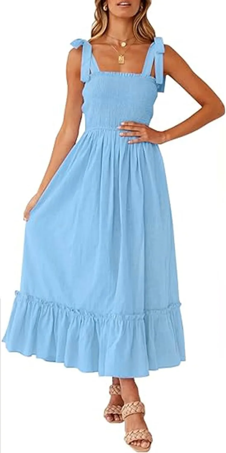 Womens Summer Dresses 2024 Boho Spaghetti Strap Square Neck Maxi Dress Flowy Ruffle Tiered A Line Beach Sundress with Pockets