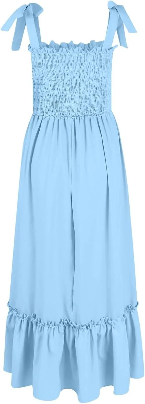 Womens Summer Dresses 2024 Boho Spaghetti Strap Square Neck Maxi Dress Flowy Ruffle Tiered A Line Beach Sundress with Pockets