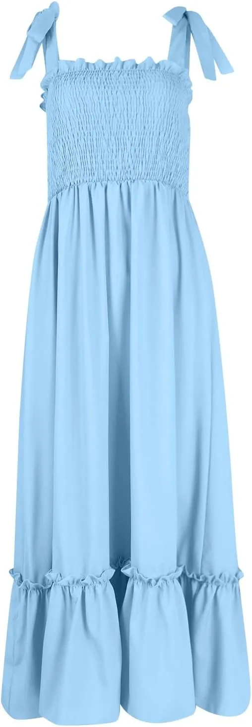 Womens Summer Dresses 2024 Boho Spaghetti Strap Square Neck Maxi Dress Flowy Ruffle Tiered A Line Beach Sundress with Pockets
