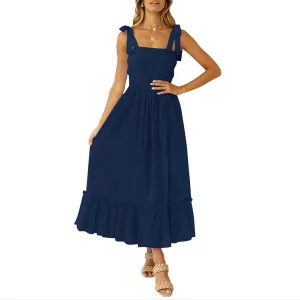 Womens Summer Dresses 2024 Boho Spaghetti Strap Square Neck Maxi Dress Flowy Ruffle Tiered A Line Beach Sundress with Pockets