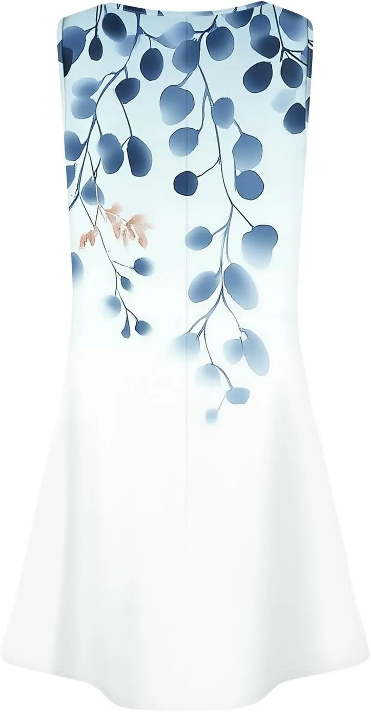 Women's Summer Dresses 2025 Beach Pleated Sleeveless Casual Skirts Floral Printed Tank Loose Fit Sundress with Pocket