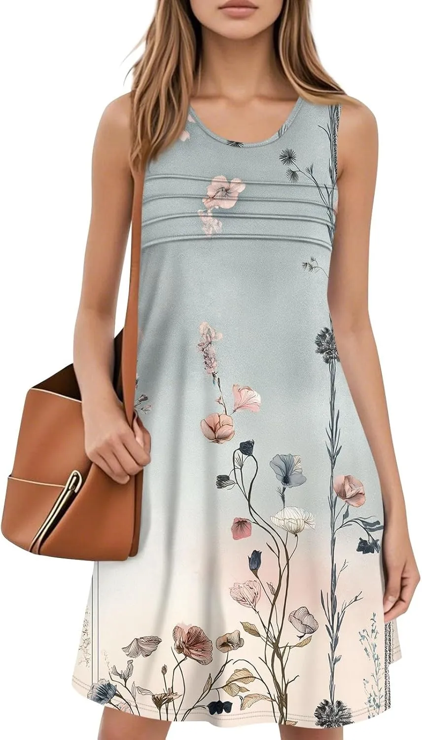 Women's Summer Dresses 2025 Beach Pleated Sleeveless Casual Skirts Floral Printed Tank Loose Fit Sundress with Pocket