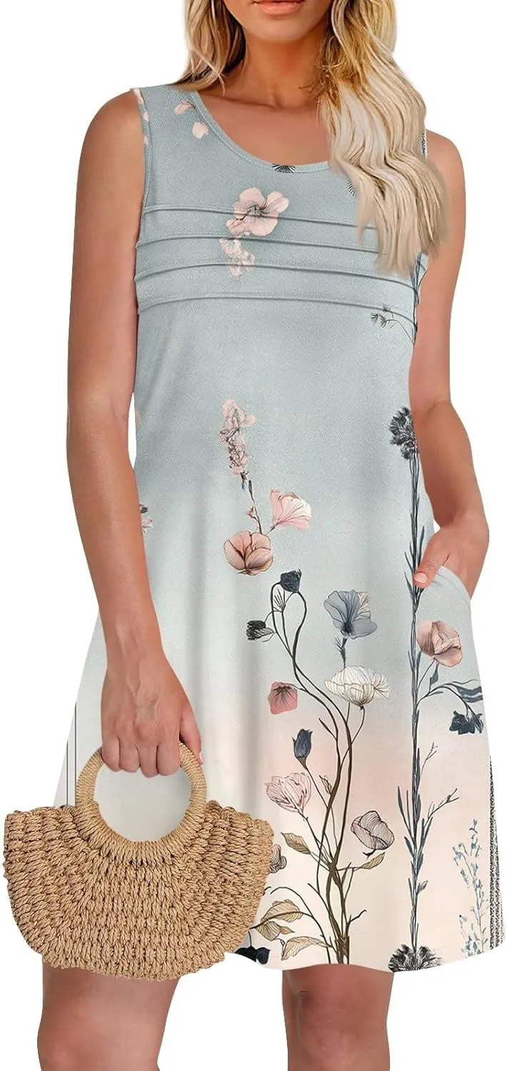 Women's Summer Dresses 2025 Beach Pleated Sleeveless Casual Skirts Floral Printed Tank Loose Fit Sundress with Pocket