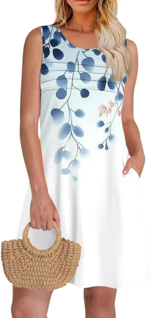 Women's Summer Dresses 2025 Beach Pleated Sleeveless Casual Skirts Floral Printed Tank Loose Fit Sundress with Pocket