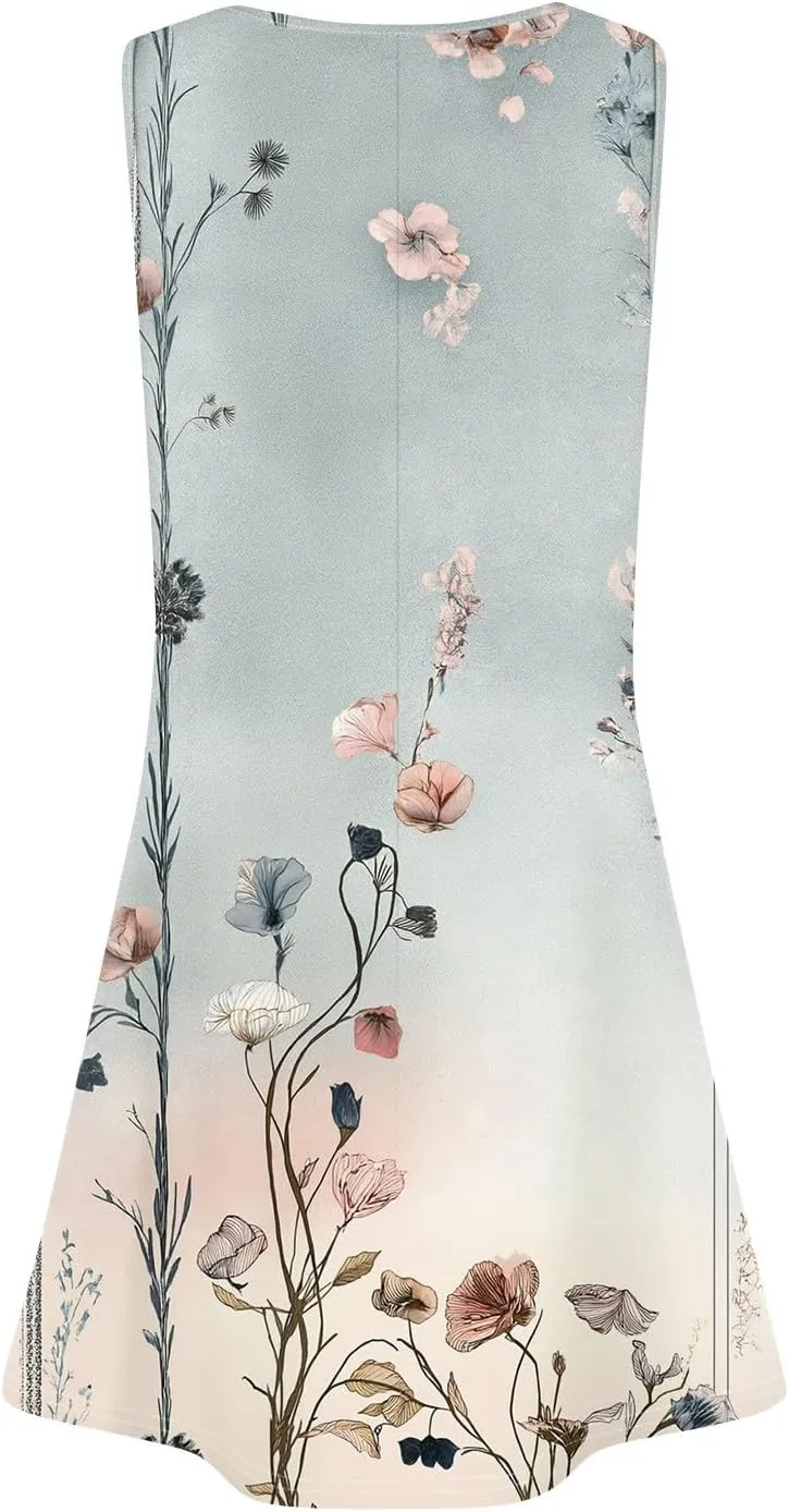 Women's Summer Dresses 2025 Beach Pleated Sleeveless Casual Skirts Floral Printed Tank Loose Fit Sundress with Pocket
