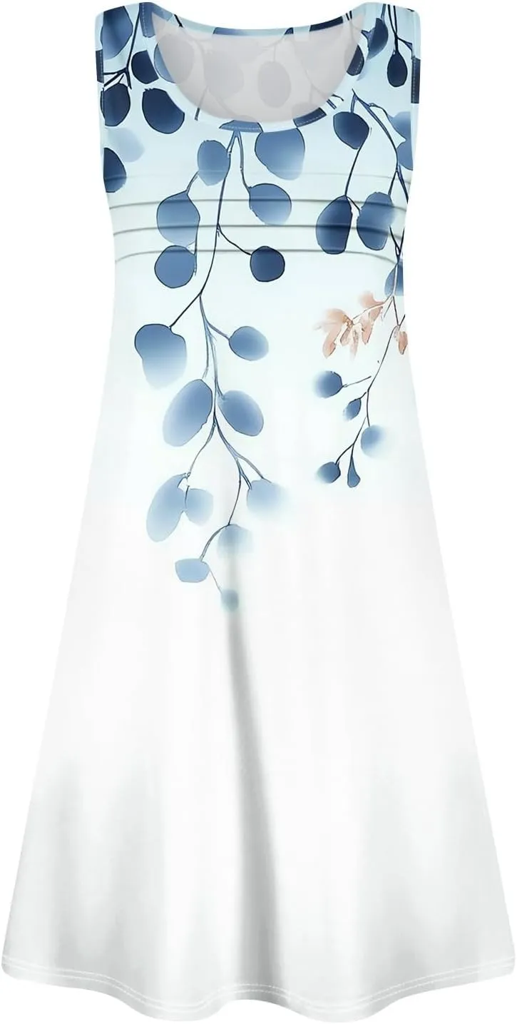 Women's Summer Dresses 2025 Beach Pleated Sleeveless Casual Skirts Floral Printed Tank Loose Fit Sundress with Pocket