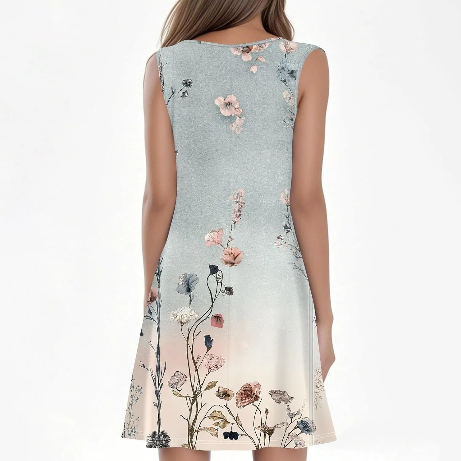 Women's Summer Dresses 2025 Beach Pleated Sleeveless Casual Skirts Floral Printed Tank Loose Fit Sundress with Pocket