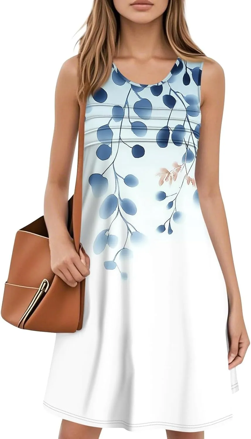 Women's Summer Dresses 2025 Beach Pleated Sleeveless Casual Skirts Floral Printed Tank Loose Fit Sundress with Pocket