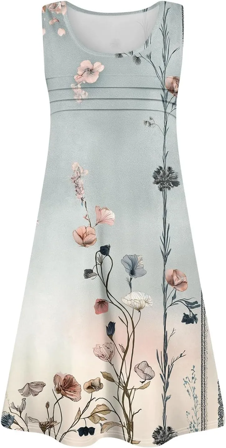 Women's Summer Dresses 2025 Beach Pleated Sleeveless Casual Skirts Floral Printed Tank Loose Fit Sundress with Pocket