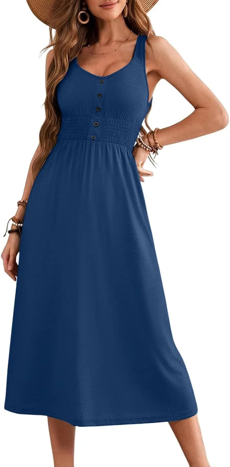 Women's Summer Dresses 2025 Sleeveless Button Down Smocked Empire Waist Casual A-Line Swing Midi Dress Tanks Sundress