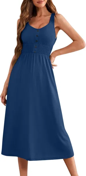 Women's Summer Dresses 2025 Sleeveless Button Down Smocked Empire Waist Casual A-Line Swing Midi Dress Tanks Sundress