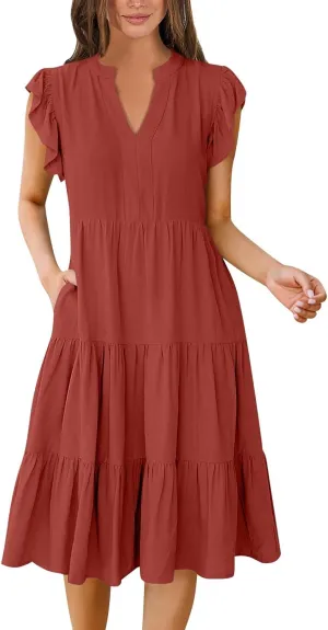 Womens Summer Dresses Ruffle Short Sleeve V Neck Midi Dress Casual Boho Flowy Tiered Beach Sundress with Pockets 2024
