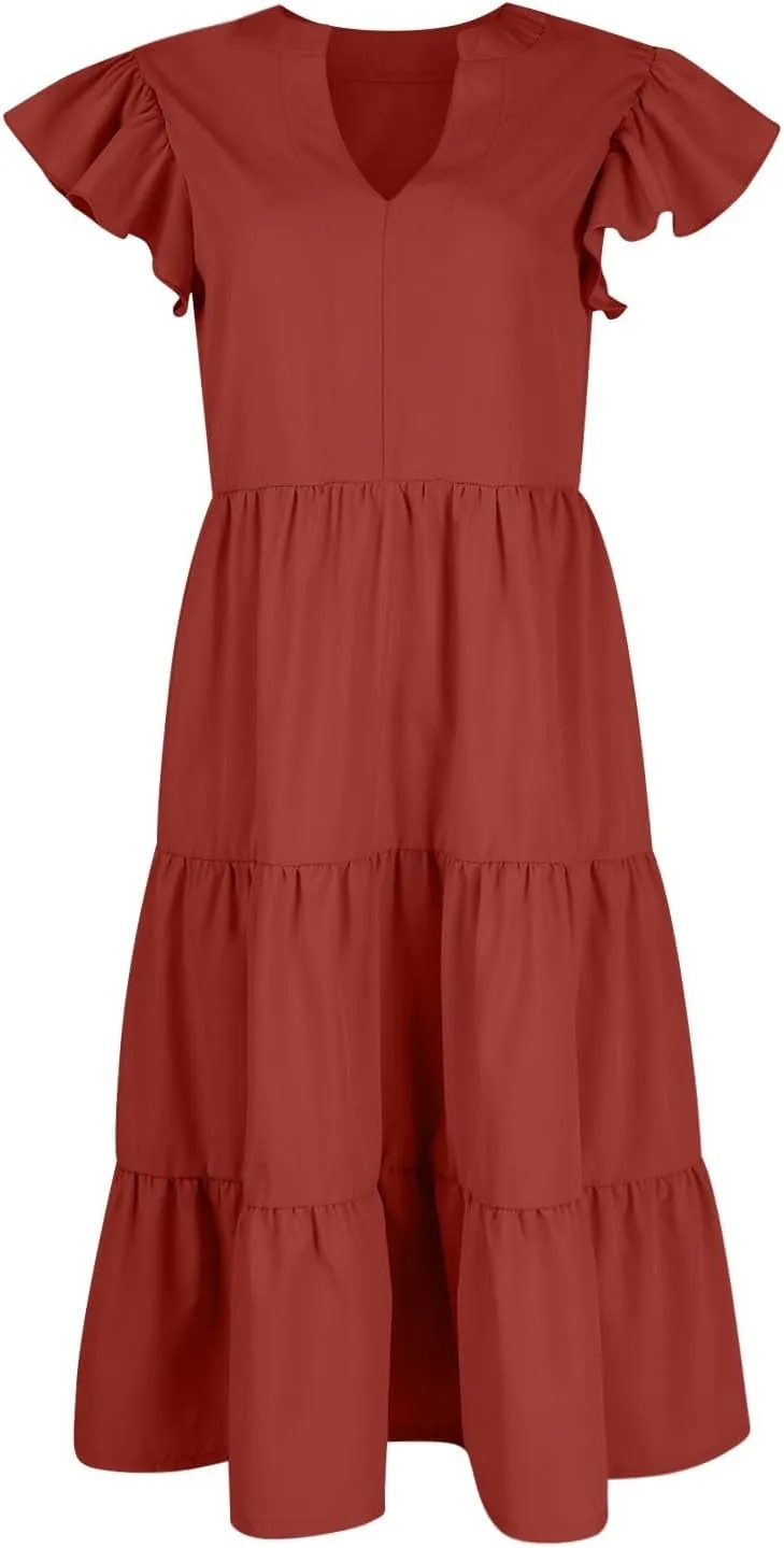 Womens Summer Dresses Ruffle Short Sleeve V Neck Midi Dress Casual Boho Flowy Tiered Beach Sundress with Pockets 2024