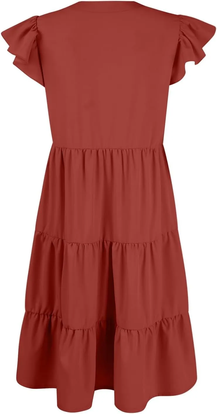 Womens Summer Dresses Ruffle Short Sleeve V Neck Midi Dress Casual Boho Flowy Tiered Beach Sundress with Pockets 2024