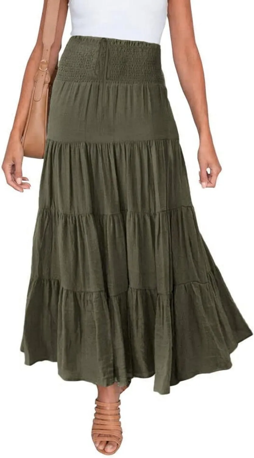 Women's Summer Elastic High Waist Boho Maxi Skirt Casual Drawstring A Line Long Skirt Princess Skirt