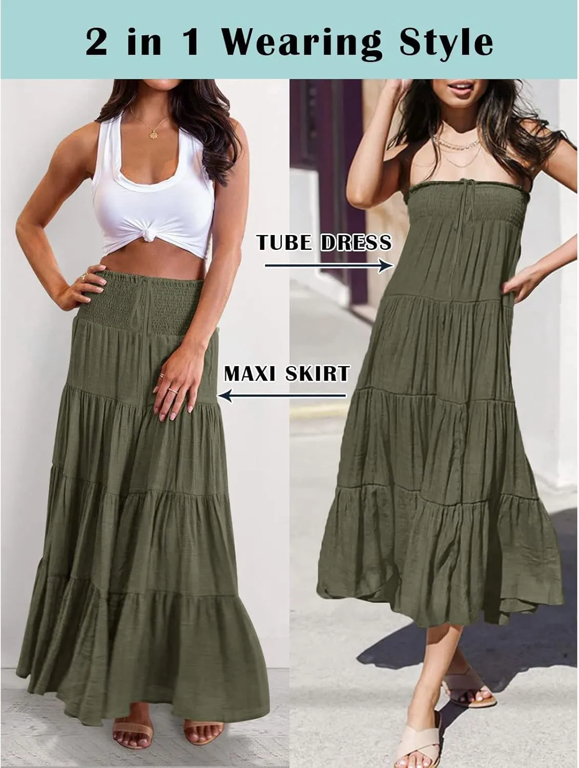 Women's Summer Elastic High Waist Boho Maxi Skirt Casual Drawstring A Line Long Skirt Princess Skirt