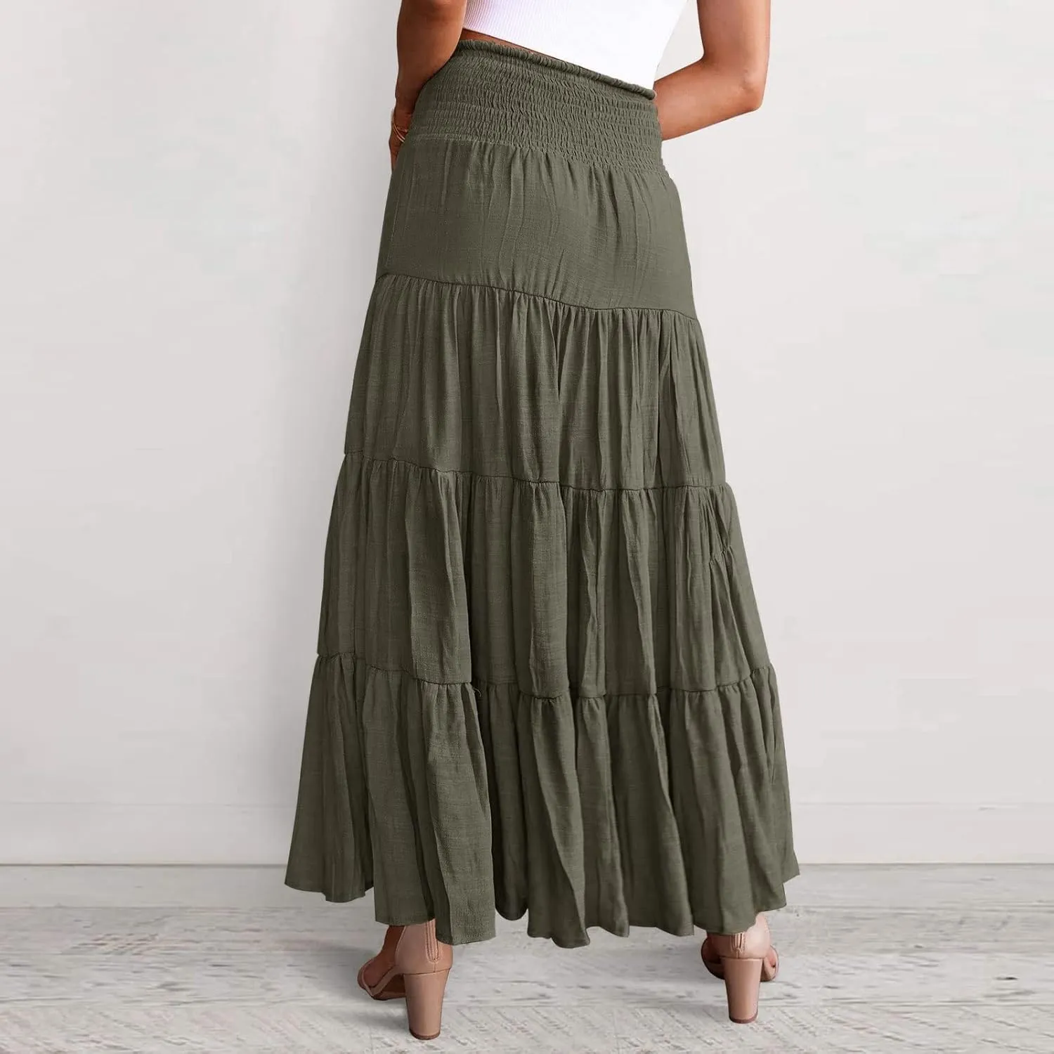 Women's Summer Elastic High Waist Boho Maxi Skirt Casual Drawstring A Line Long Skirt Princess Skirt