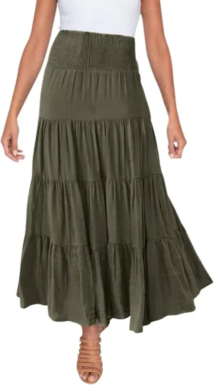 Women's Summer Elastic High Waist Boho Maxi Skirt Casual Drawstring A Line Long Skirt Princess Skirt