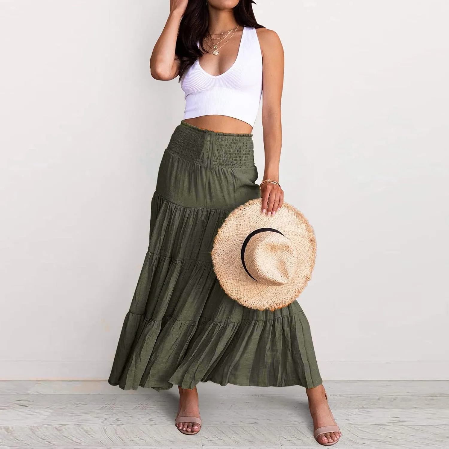 Women's Summer Elastic High Waist Boho Maxi Skirt Casual Drawstring A Line Long Skirt Princess Skirt