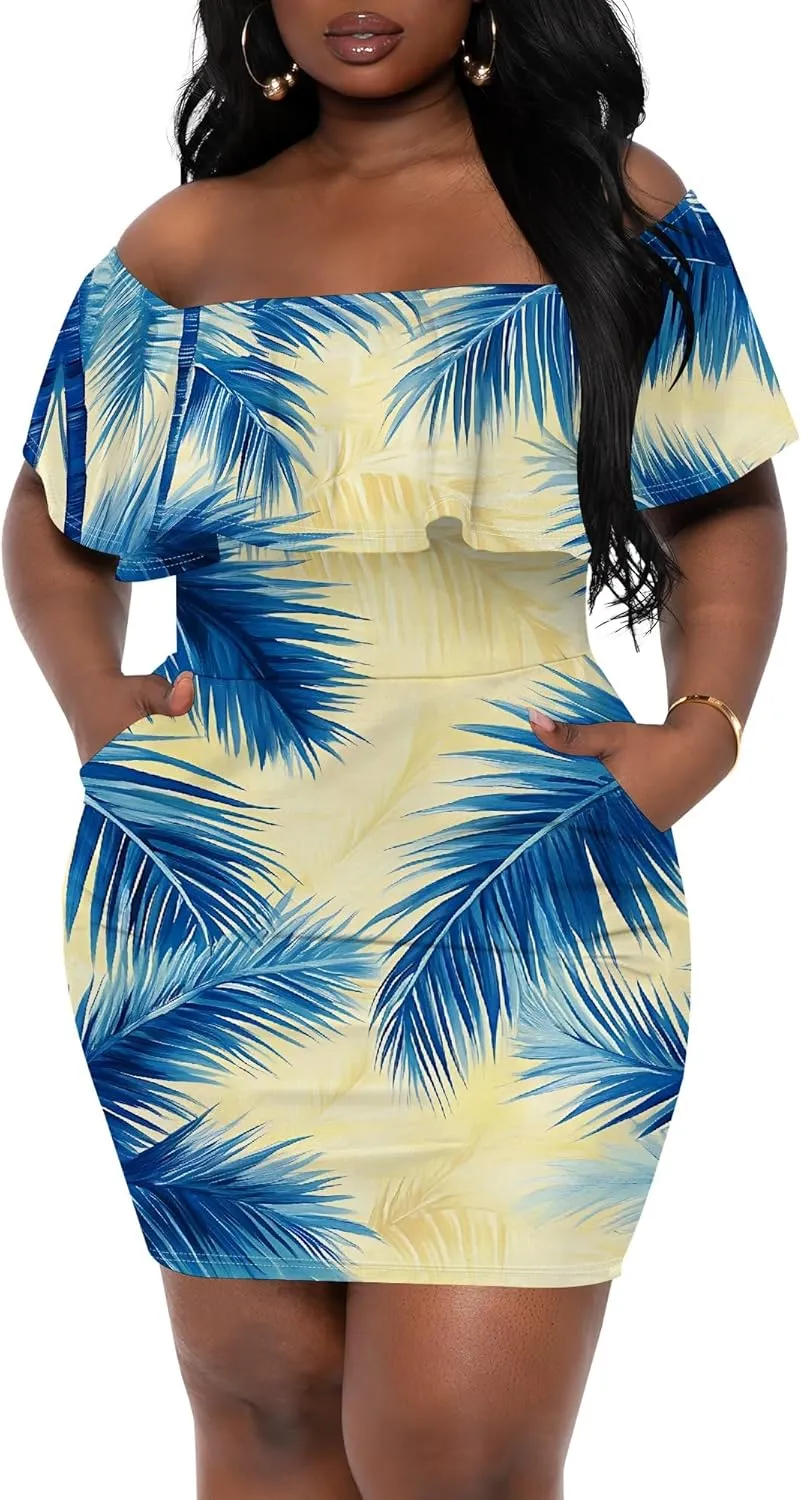 Women's Summer Slim Fit Off Shoulder Mini Dress Ruffle Short Sleeve Print Cocktail Party Fashion Bodycon Dress with Pockets