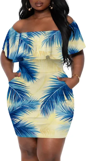 Women's Summer Slim Fit Off Shoulder Mini Dress Ruffle Short Sleeve Print Cocktail Party Fashion Bodycon Dress with Pockets