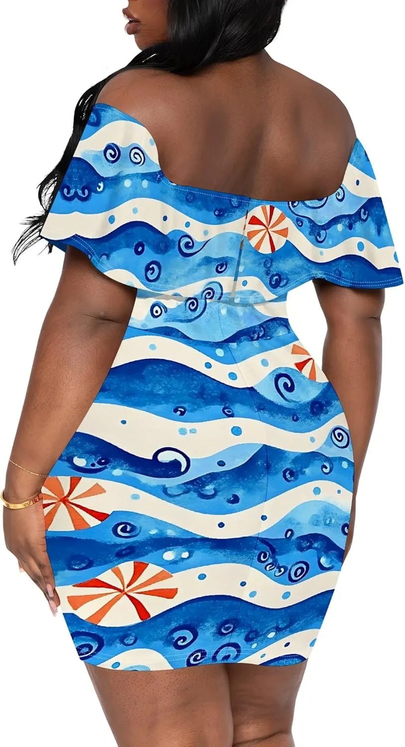 Women's Summer Slim Fit Off Shoulder Mini Dress Ruffle Short Sleeve Print Cocktail Party Fashion Bodycon Dress with Pockets