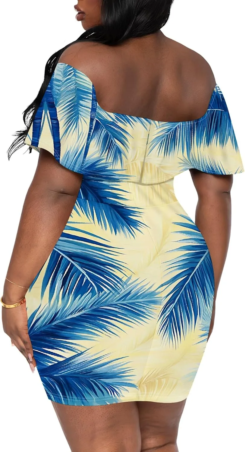 Women's Summer Slim Fit Off Shoulder Mini Dress Ruffle Short Sleeve Print Cocktail Party Fashion Bodycon Dress with Pockets