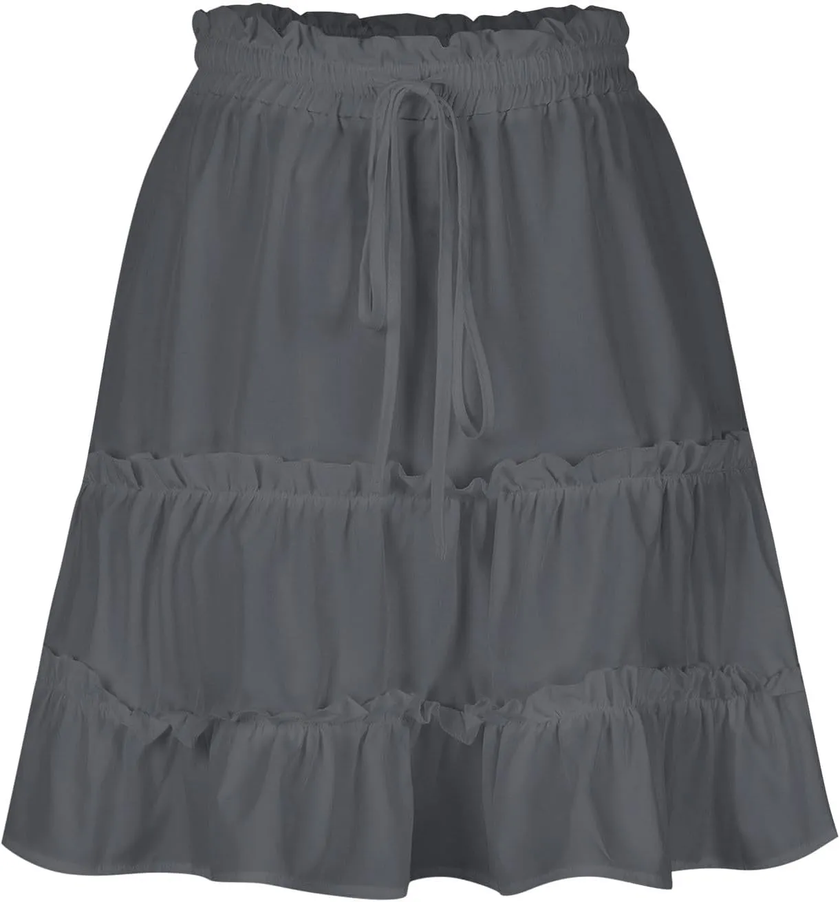 Women's Tiered Mini Skirt Solid Color Drawstring Elastic Waist Pleated Layer Ruffle Hem Flowy A Line Short Skirt