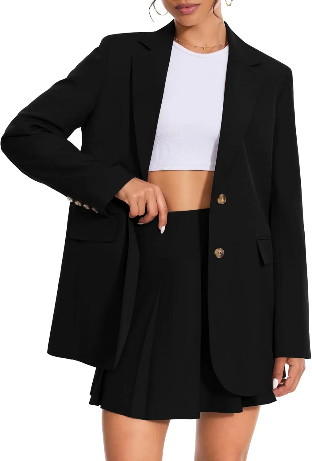 Womens Two Piece Skirt Set Business Casual Blazer Outfits High Waisted Pleated Skort Fall Long Sleeve Formal Work Dress Suit Black S