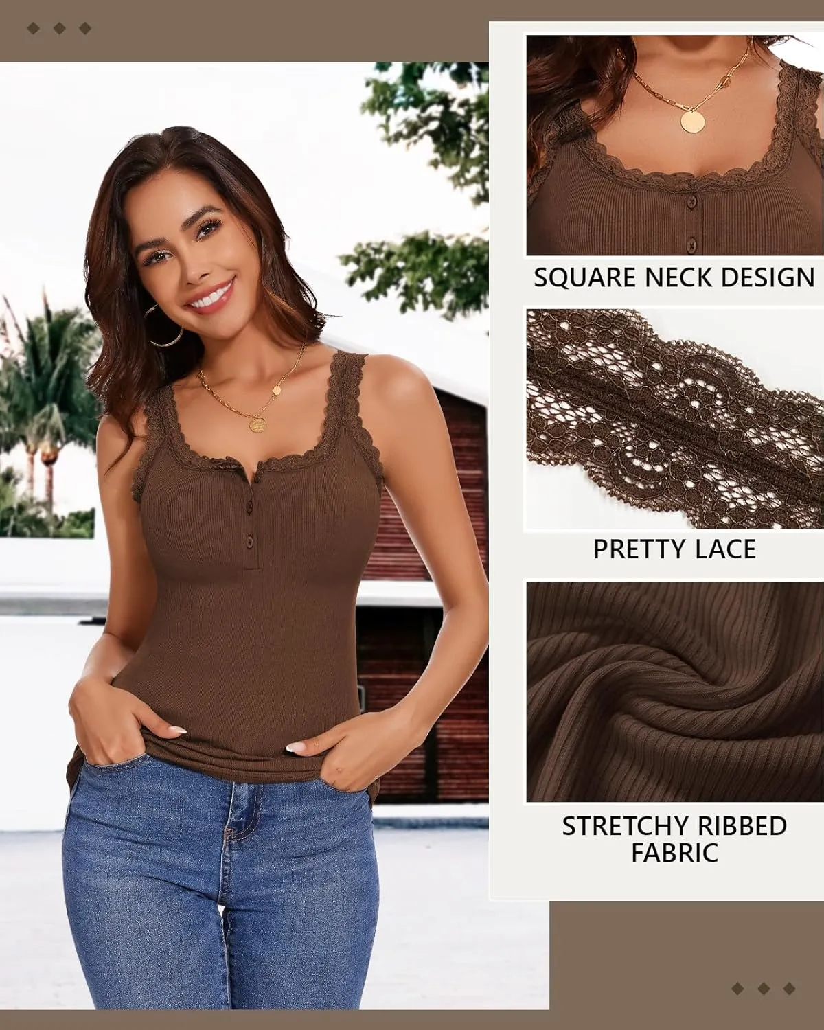 WOWENY Lace Trim Camisole Tank Top for Women Ribbed Henley Square Neck Slim Fit Y2K Cute Undershirts Summer Tops