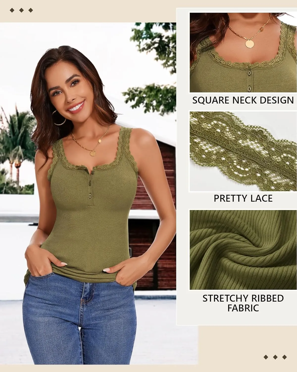 WOWENY Lace Trim Camisole Tank Top for Women Ribbed Henley Square Neck Slim Fit Y2K Cute Undershirts Summer Tops