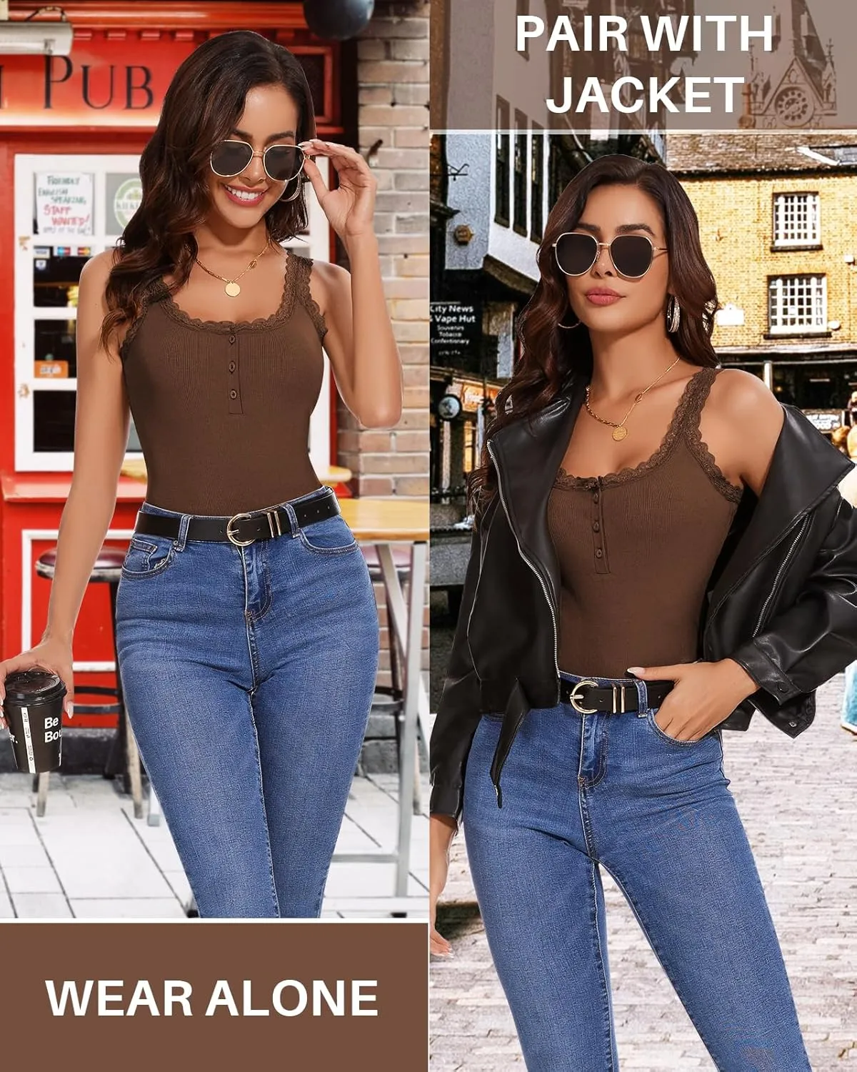 WOWENY Lace Trim Camisole Tank Top for Women Ribbed Henley Square Neck Slim Fit Y2K Cute Undershirts Summer Tops