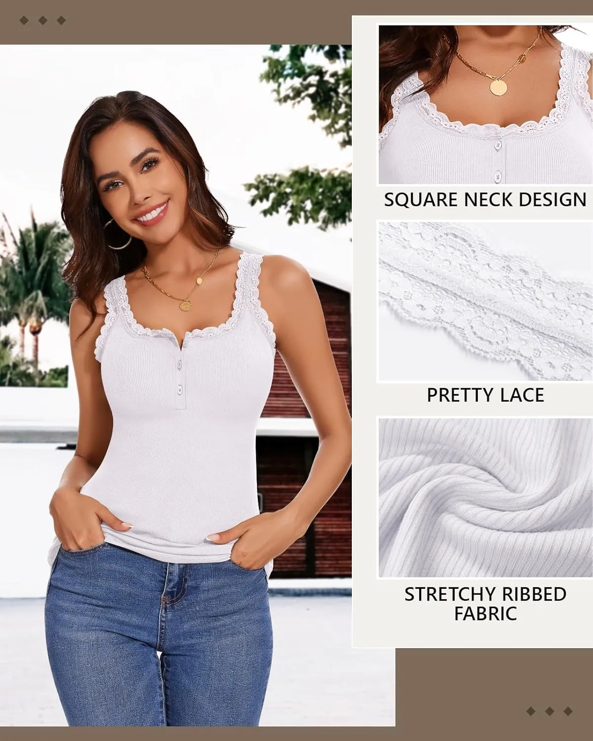 WOWENY Lace Trim Camisole Tank Top for Women Ribbed Henley Square Neck Slim Fit Y2K Cute Undershirts Summer Tops