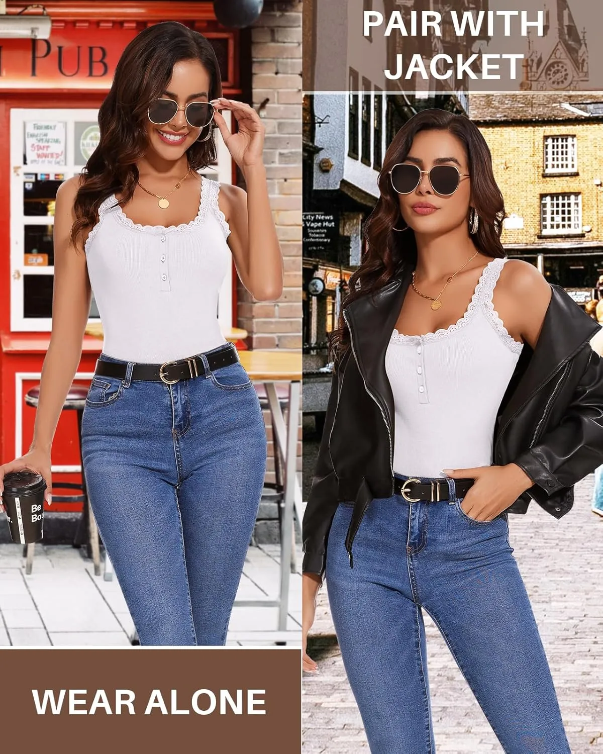 WOWENY Lace Trim Camisole Tank Top for Women Ribbed Henley Square Neck Slim Fit Y2K Cute Undershirts Summer Tops