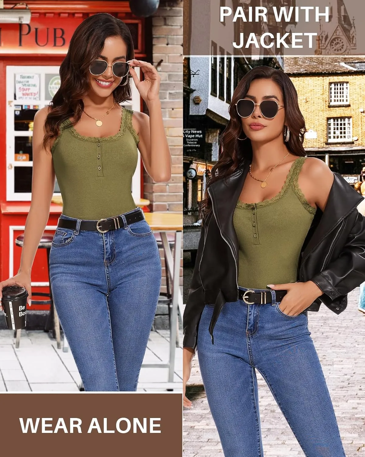 WOWENY Lace Trim Camisole Tank Top for Women Ribbed Henley Square Neck Slim Fit Y2K Cute Undershirts Summer Tops