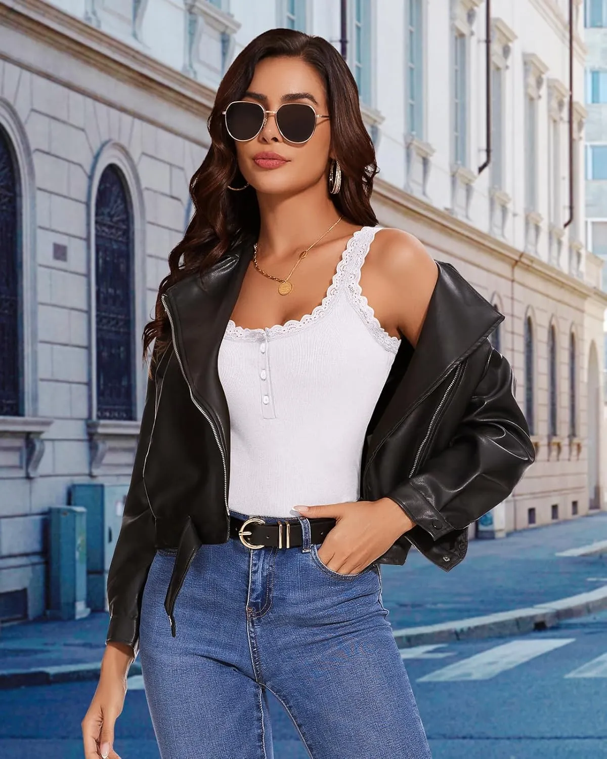 WOWENY Lace Trim Camisole Tank Top for Women Ribbed Henley Square Neck Slim Fit Y2K Cute Undershirts Summer Tops