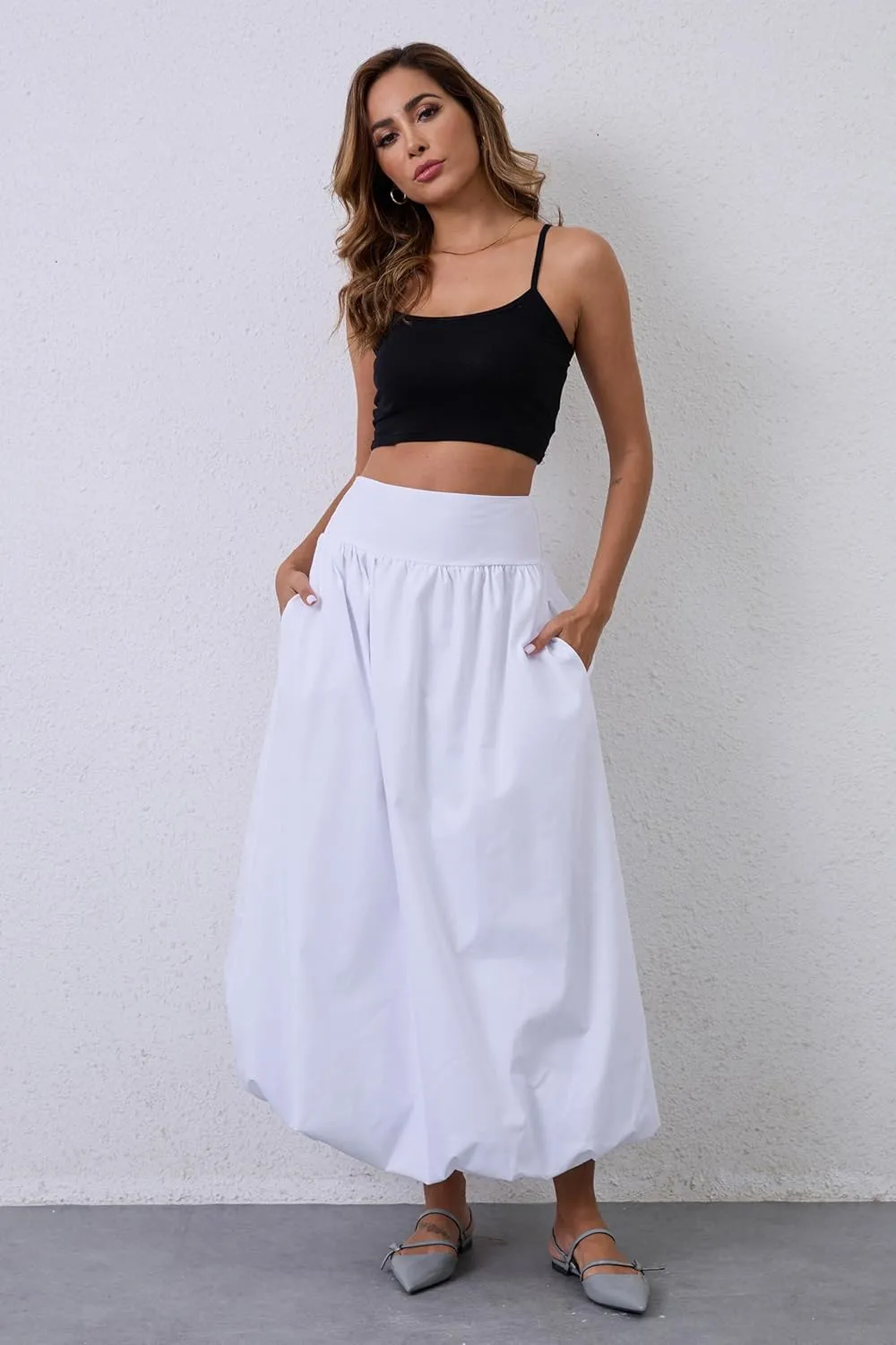 Y2K Bubble Maxi Skirts for Women A Line Long Pleated Casual Summer Skirts 2024 Elastic Waist Balloon Midi Skirt