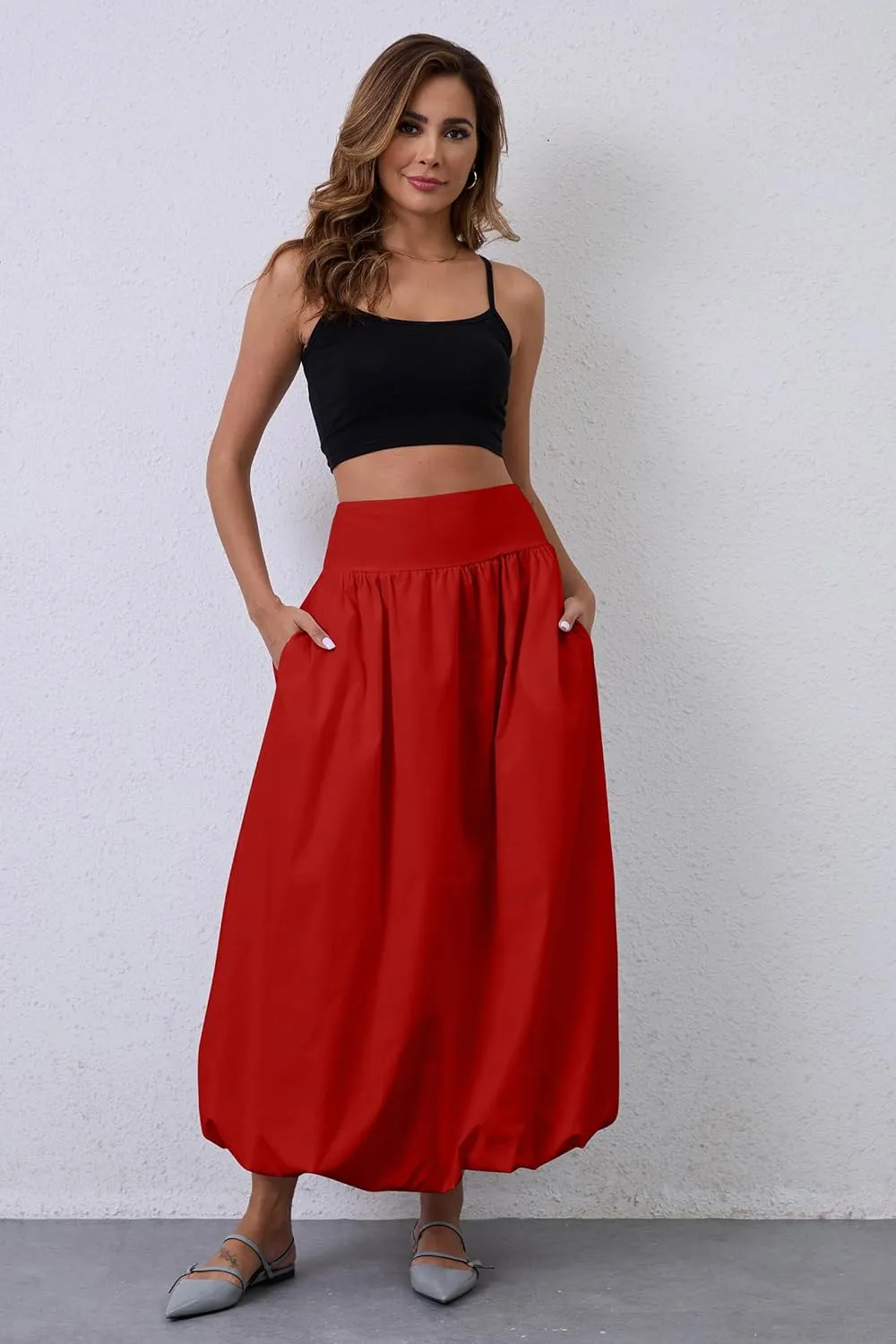 Y2K Bubble Maxi Skirts for Women A Line Long Pleated Casual Summer Skirts 2024 Elastic Waist Balloon Midi Skirt