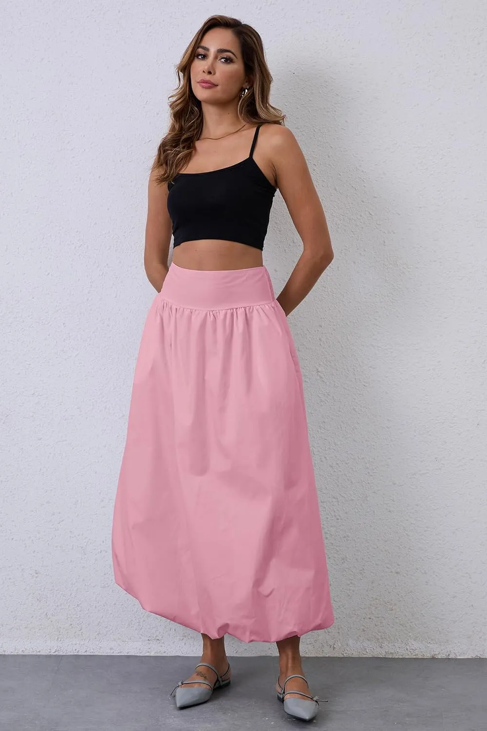 Y2K Bubble Maxi Skirts for Women A Line Long Pleated Casual Summer Skirts 2024 Elastic Waist Balloon Midi Skirt
