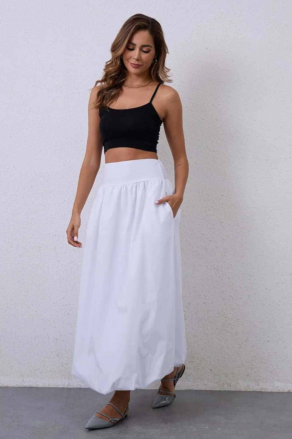 Y2K Bubble Maxi Skirts for Women A Line Long Pleated Casual Summer Skirts 2024 Elastic Waist Balloon Midi Skirt