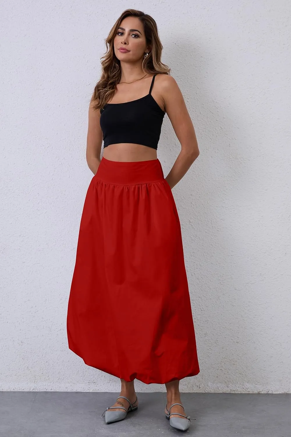 Y2K Bubble Maxi Skirts for Women A Line Long Pleated Casual Summer Skirts 2024 Elastic Waist Balloon Midi Skirt