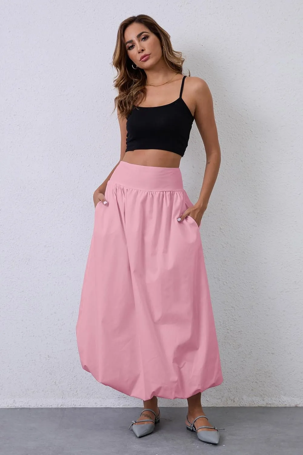 Y2K Bubble Maxi Skirts for Women A Line Long Pleated Casual Summer Skirts 2024 Elastic Waist Balloon Midi Skirt