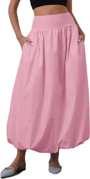 Y2K Bubble Maxi Skirts for Women A Line Long Pleated Casual Summer Skirts 2024 Elastic Waist Balloon Midi Skirt