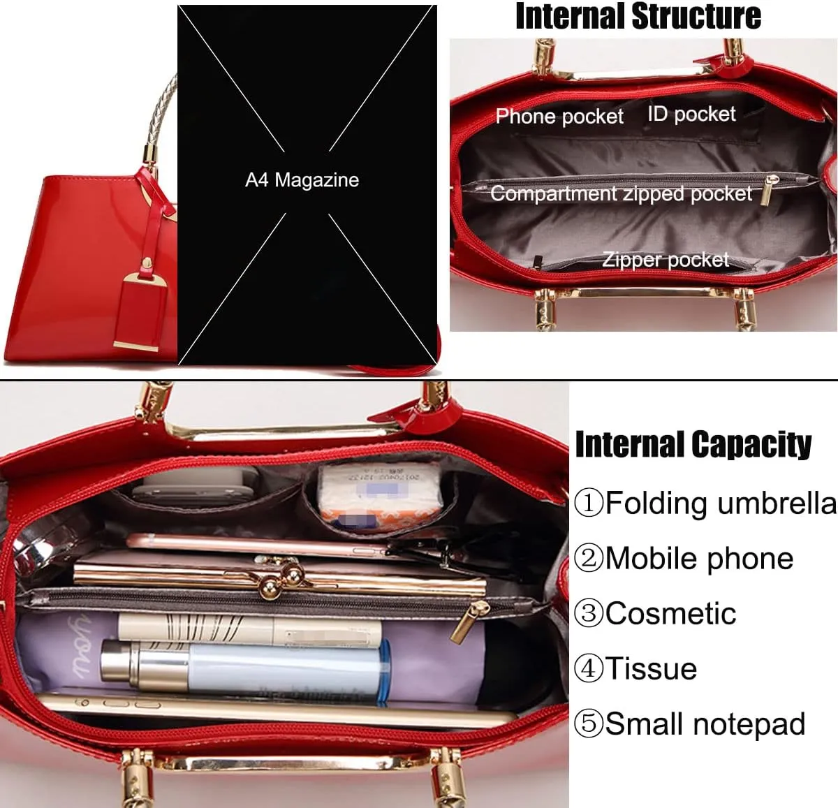 YAQUNICER Top-handle Handbags Purse Tote for Women Patent PU Satchel Gloss Wedding Shoulder Crossbody Bag