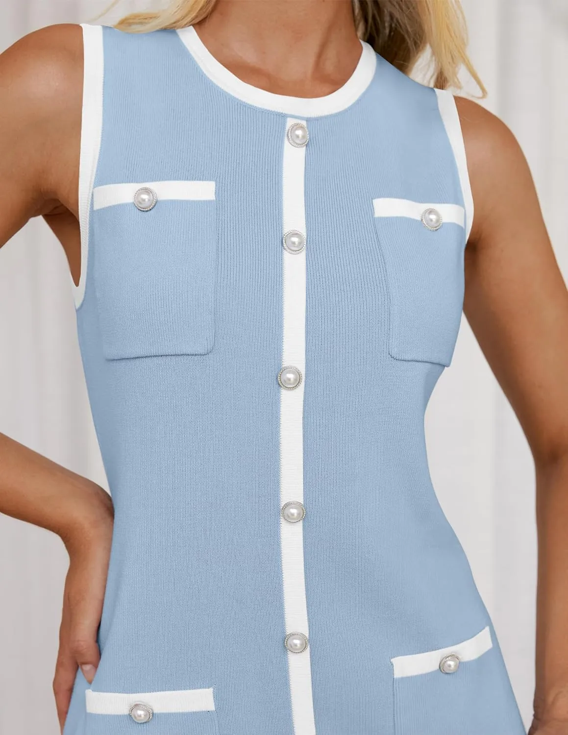 ZESICA Women's 2025 Summer Sleeveless Mini Dress Crewneck Button Knit Color Block Bodycon Party Short Dresses with Pockets