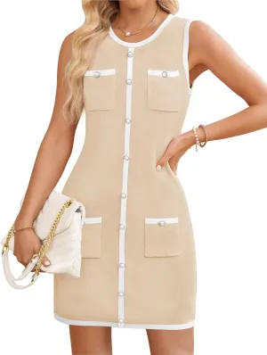 ZESICA Women's 2025 Summer Sleeveless Mini Dress Crewneck Button Knit Color Block Bodycon Party Short Dresses with Pockets
